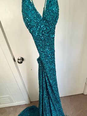 Teal Sequin V-Neck Mermaid Gown